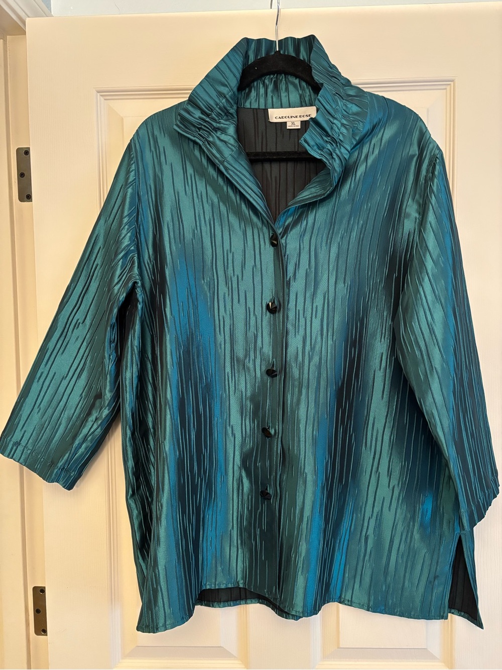 Caroline Rose Teal Shimmer Textured Ruffle-Collar Button-Front Shirt